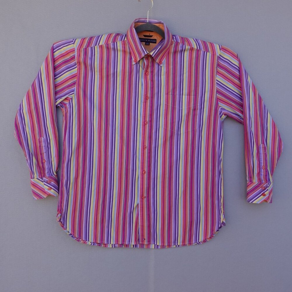 Tommy Hilfiger Men Large Multicolor Striped Button Down Shirt Long Sleeve